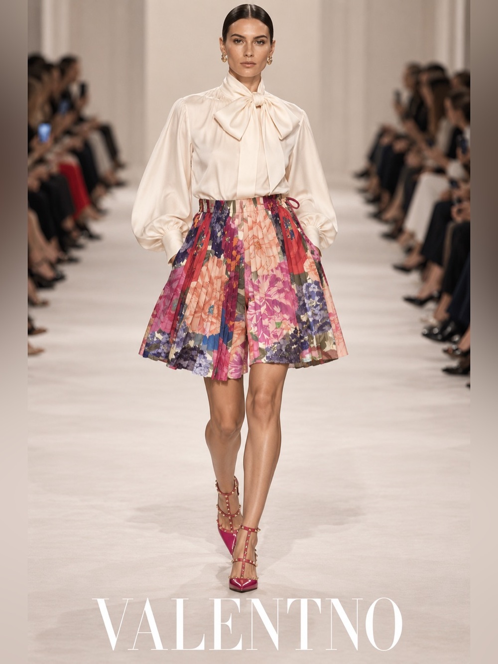 Valentino Floral Pleated Wide-Leg Culotte Shorts